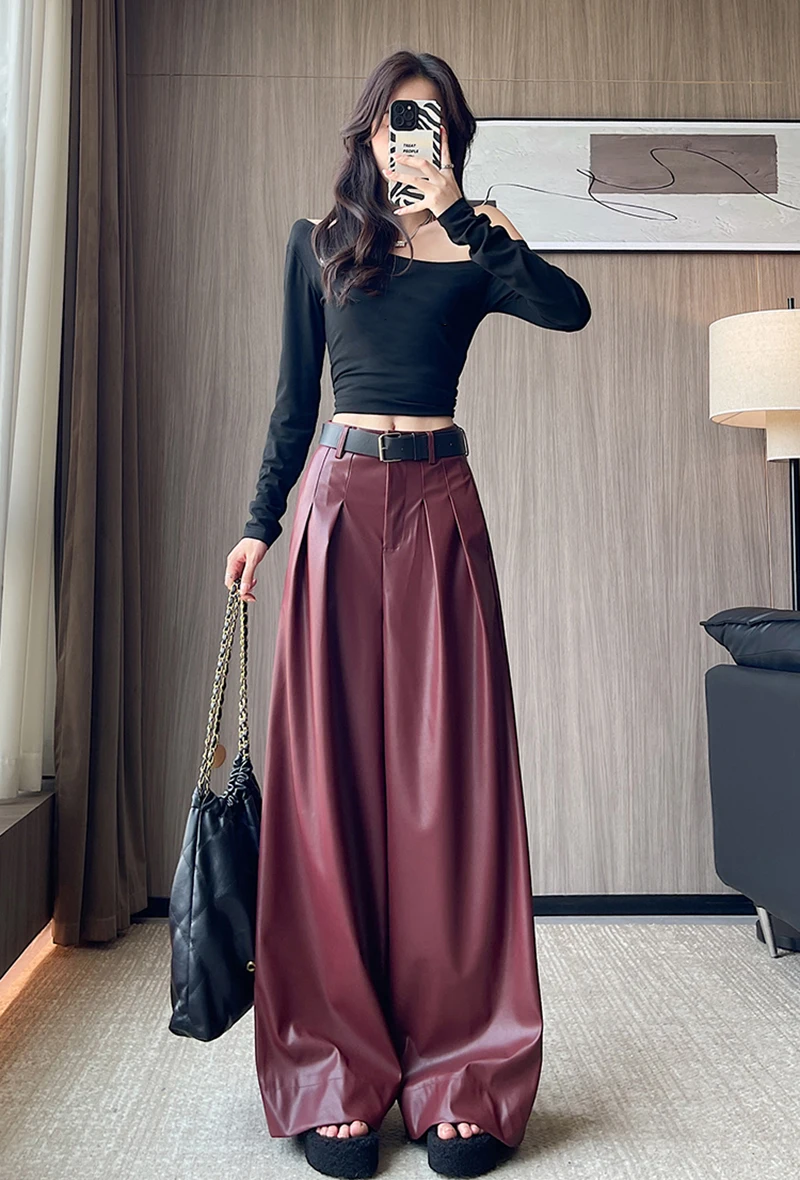 MEXZT Black Pu Leather Wide Leg Pants Women Streetwear Belt Baggy Red Suit Pants Winter Harajuku Korean Casual Straight Trousers