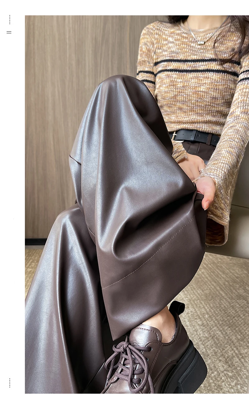 MEXZT Black Pu Leather Wide Leg Pants Women Streetwear Belt Baggy Red Suit Pants Winter Harajuku Korean Casual Straight Trousers
