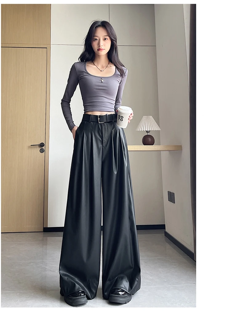 MEXZT Black Pu Leather Wide Leg Pants Women Streetwear Belt Baggy Red Suit Pants Winter Harajuku Korean Casual Straight Trousers