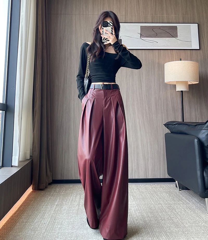 MEXZT Black Pu Leather Wide Leg Pants Women Streetwear Belt Baggy Red Suit Pants Winter Harajuku Korean Casual Straight Trousers