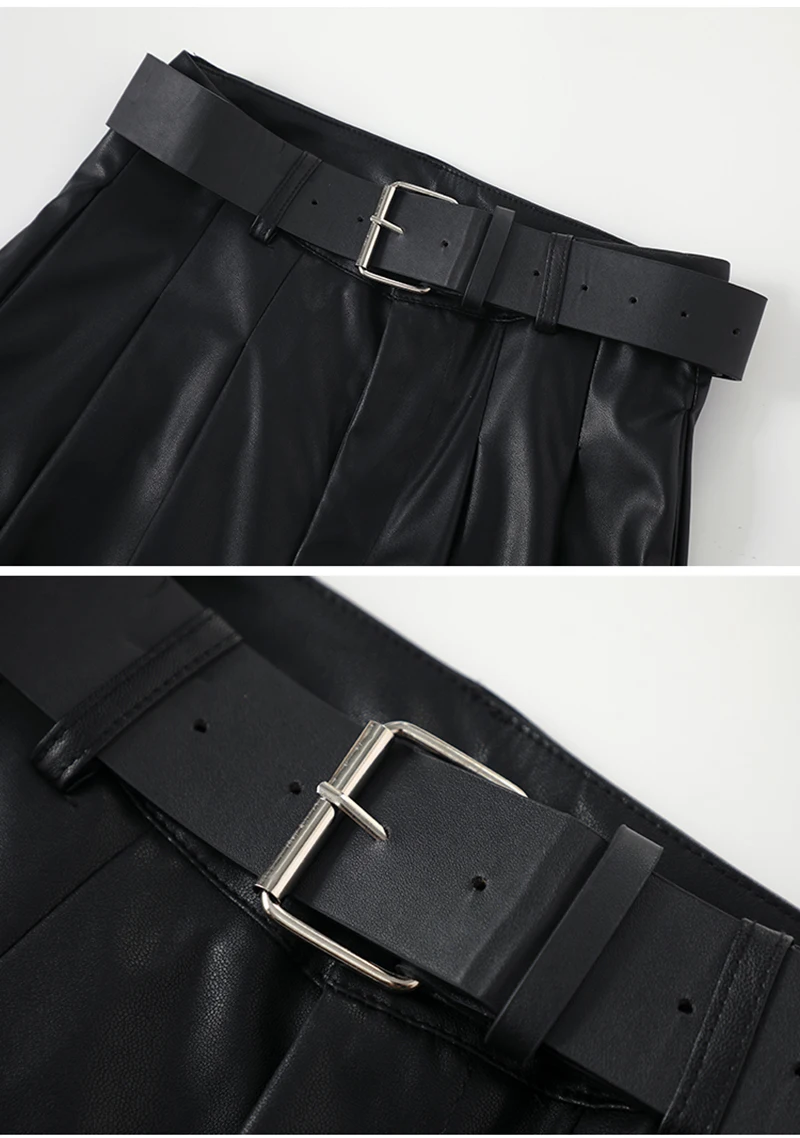 MEXZT Black Pu Leather Wide Leg Pants Women Streetwear Belt Baggy Red Suit Pants Winter Harajuku Korean Casual Straight Trousers