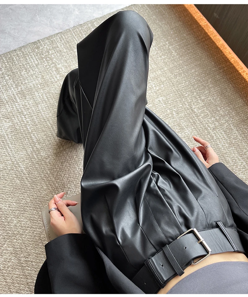 MEXZT Black Pu Leather Wide Leg Pants Women Streetwear Belt Baggy Red Suit Pants Winter Harajuku Korean Casual Straight Trousers