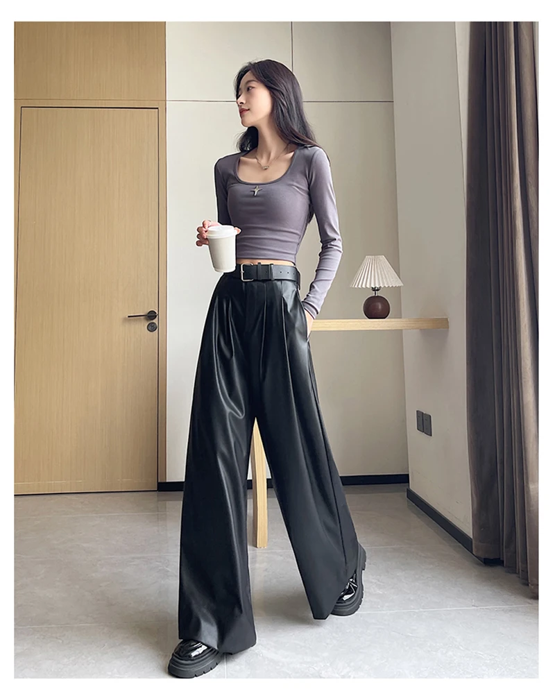 MEXZT Black Pu Leather Wide Leg Pants Women Streetwear Belt Baggy Red Suit Pants Winter Harajuku Korean Casual Straight Trousers