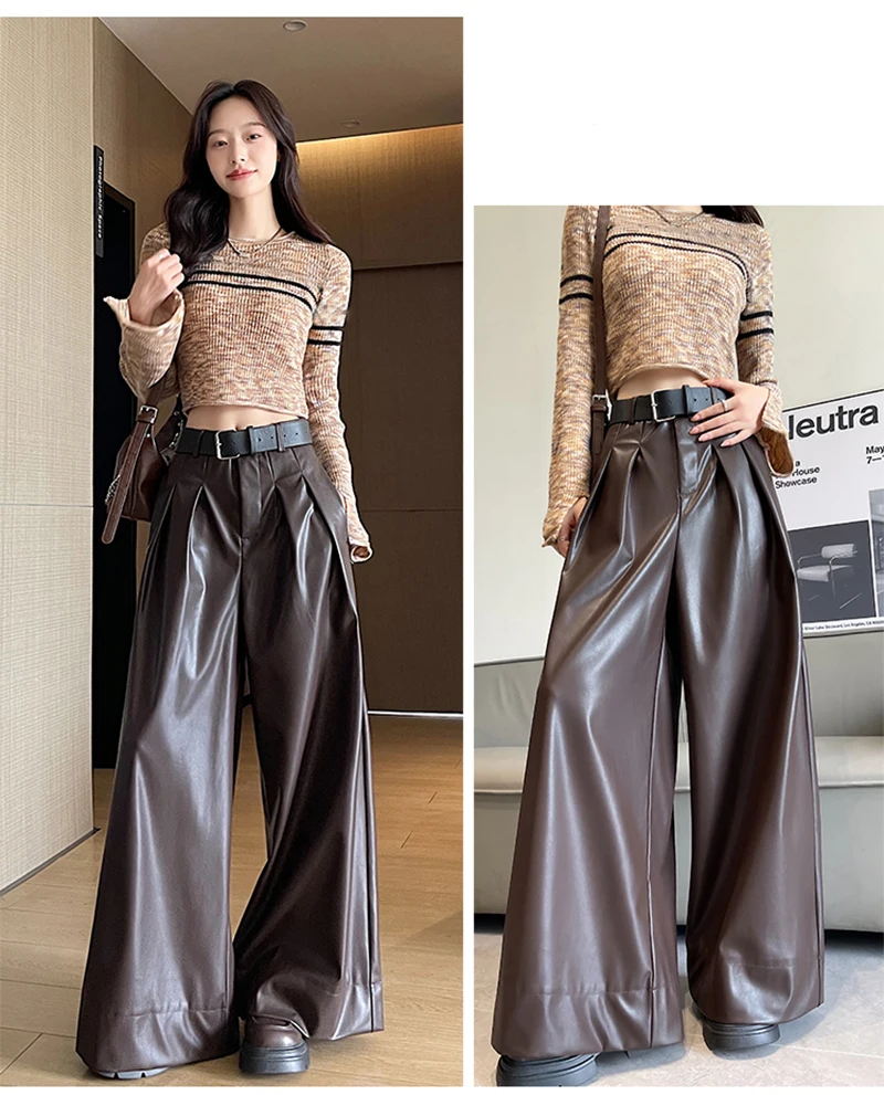 MEXZT Black Pu Leather Wide Leg Pants Women Streetwear Belt Baggy Red Suit Pants Winter Harajuku Korean Casual Straight Trousers