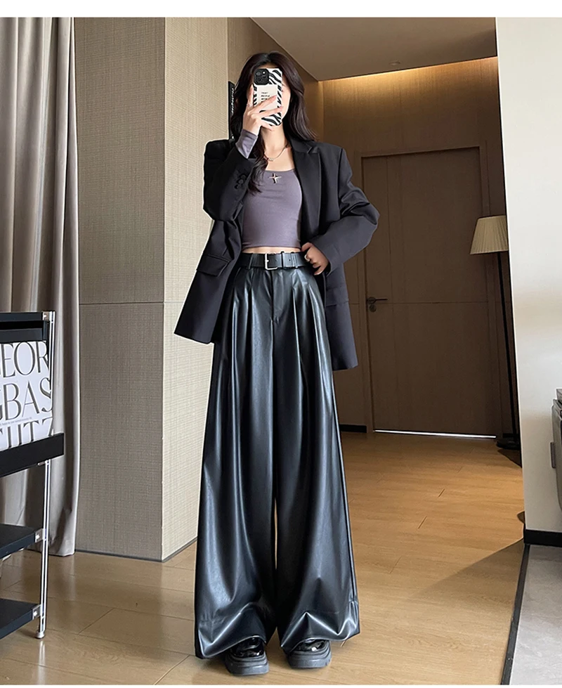 MEXZT Black Pu Leather Wide Leg Pants Women Streetwear Belt Baggy Red Suit Pants Winter Harajuku Korean Casual Straight Trousers
