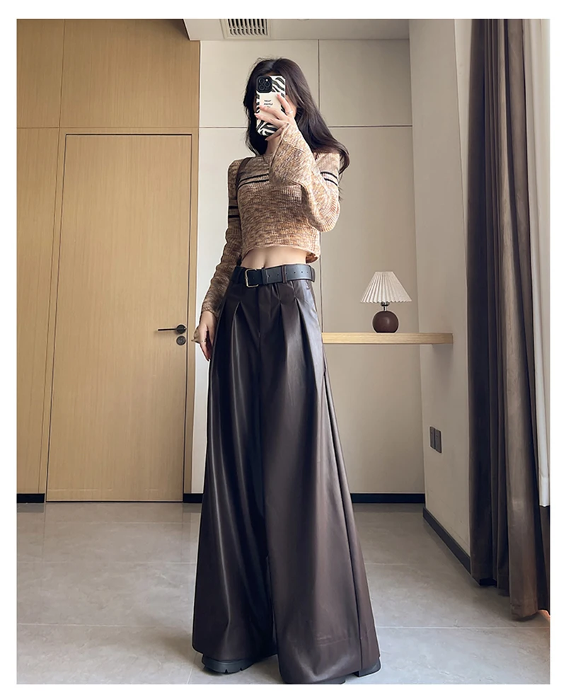 MEXZT Black Pu Leather Wide Leg Pants Women Streetwear Belt Baggy Red Suit Pants Winter Harajuku Korean Casual Straight Trousers
