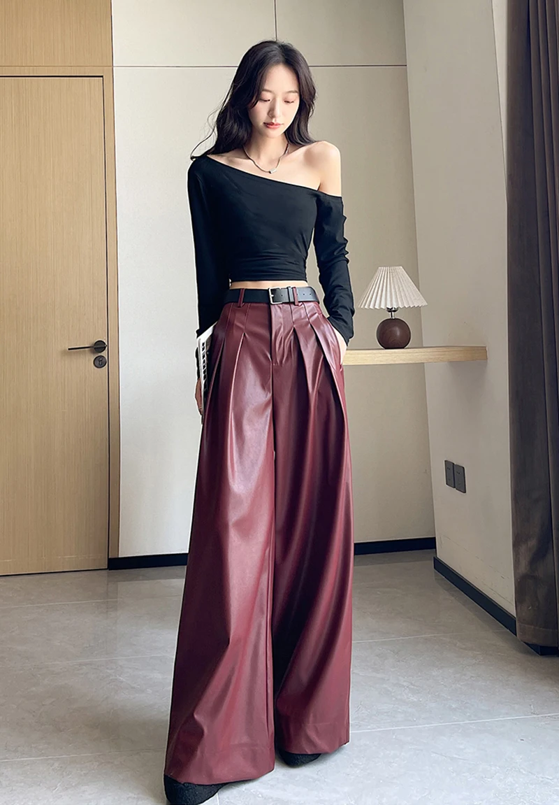 MEXZT Black Pu Leather Wide Leg Pants Women Streetwear Belt Baggy Red Suit Pants Winter Harajuku Korean Casual Straight Trousers