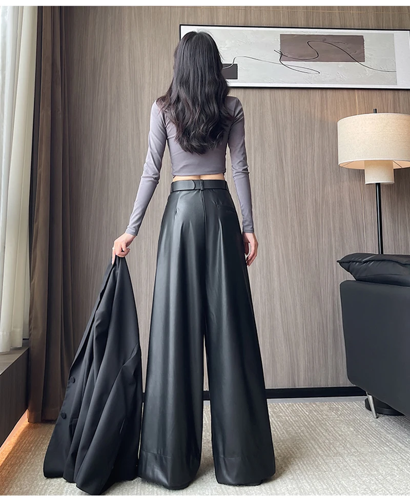 MEXZT Black Pu Leather Wide Leg Pants Women Streetwear Belt Baggy Red Suit Pants Winter Harajuku Korean Casual Straight Trousers