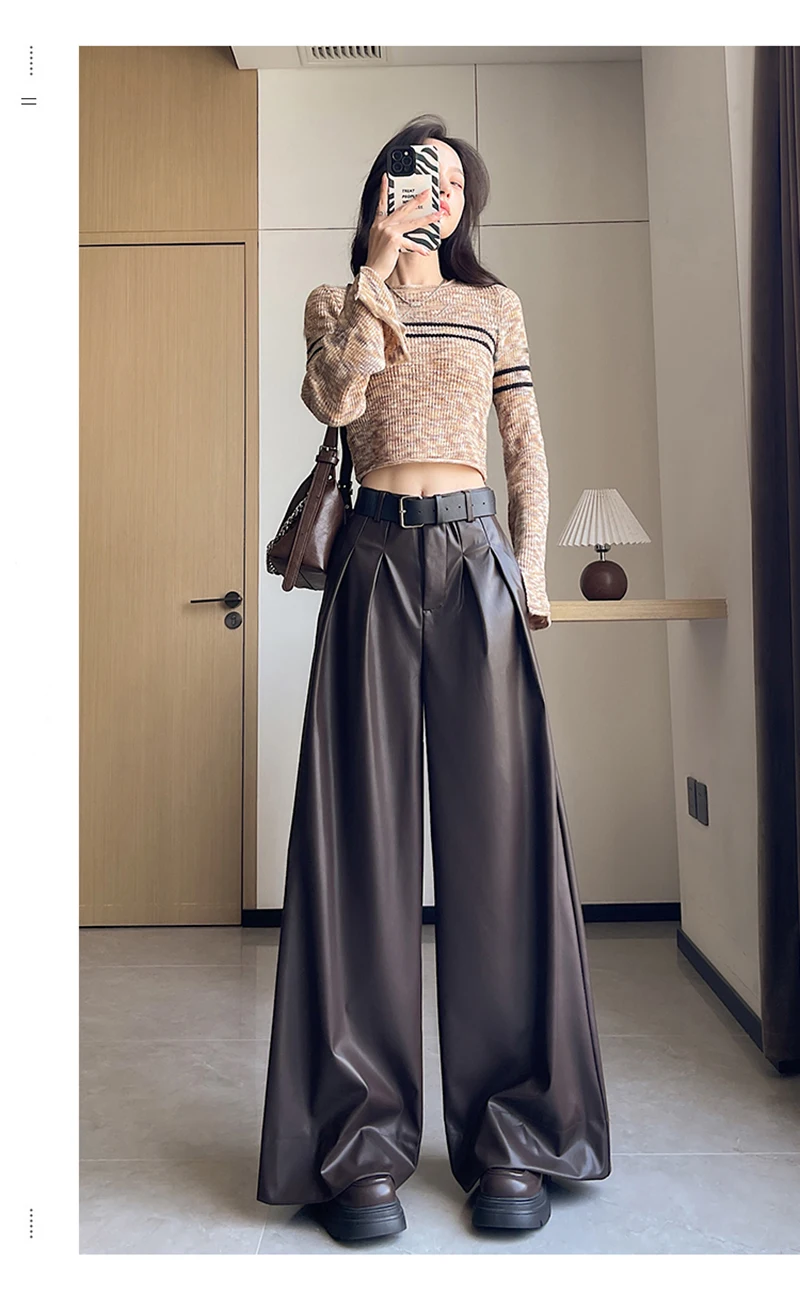 MEXZT Black Pu Leather Wide Leg Pants Women Streetwear Belt Baggy Red Suit Pants Winter Harajuku Korean Casual Straight Trousers