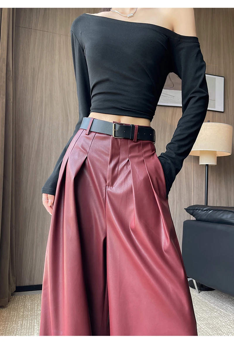 MEXZT Black Pu Leather Wide Leg Pants Women Streetwear Belt Baggy Red Suit Pants Winter Harajuku Korean Casual Straight Trousers