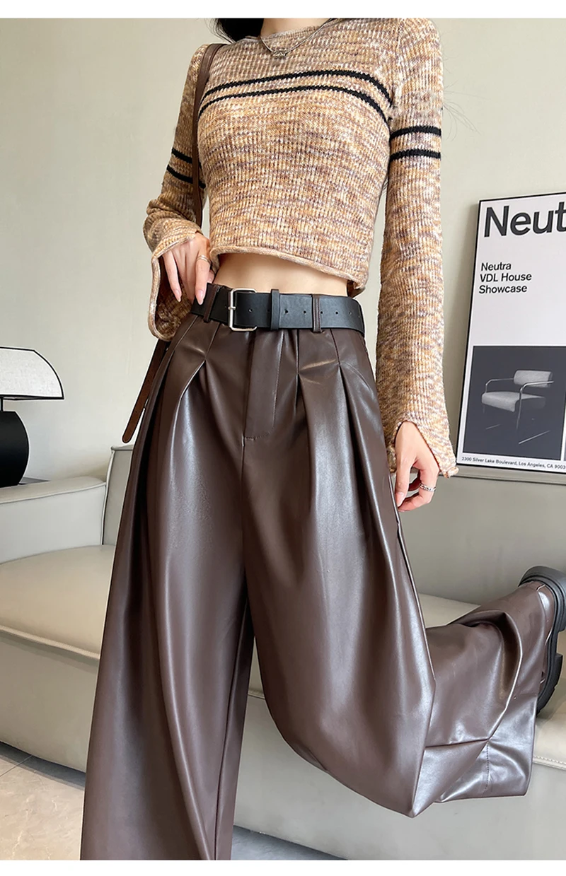 MEXZT Black Pu Leather Wide Leg Pants Women Streetwear Belt Baggy Red Suit Pants Winter Harajuku Korean Casual Straight Trousers