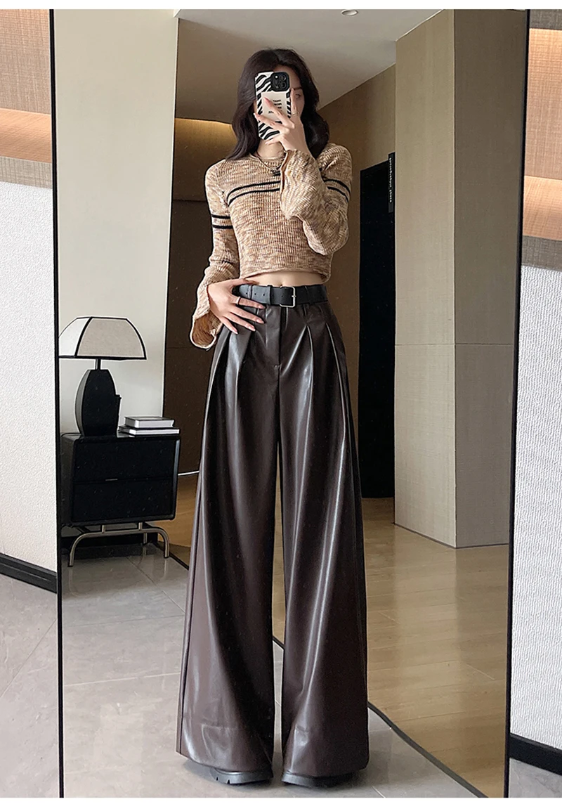 MEXZT Black Pu Leather Wide Leg Pants Women Streetwear Belt Baggy Red Suit Pants Winter Harajuku Korean Casual Straight Trousers