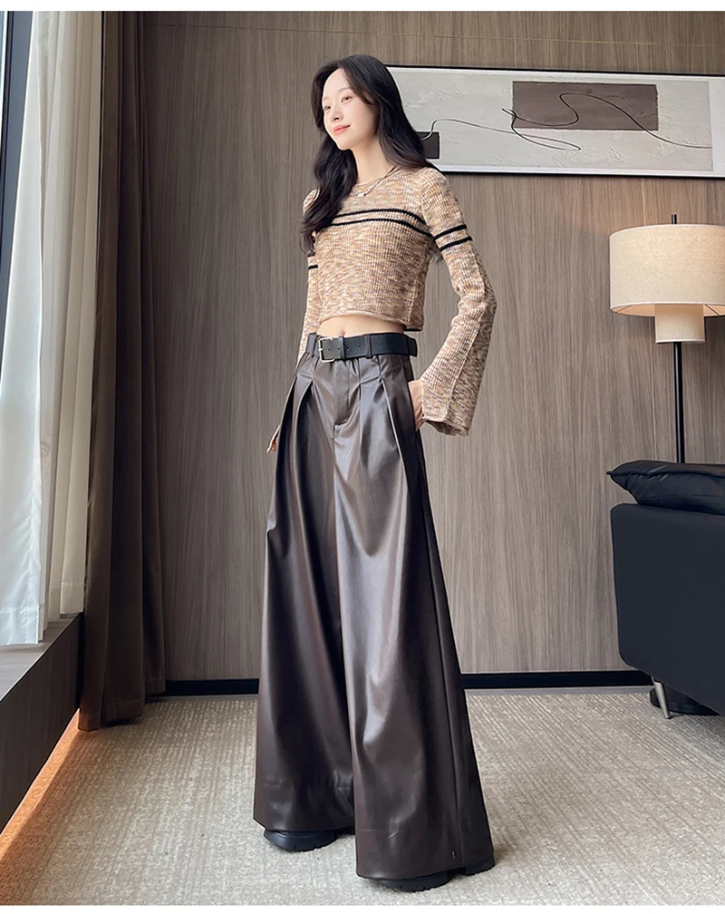 MEXZT Black Pu Leather Wide Leg Pants Women Streetwear Belt Baggy Red Suit Pants Winter Harajuku Korean Casual Straight Trousers