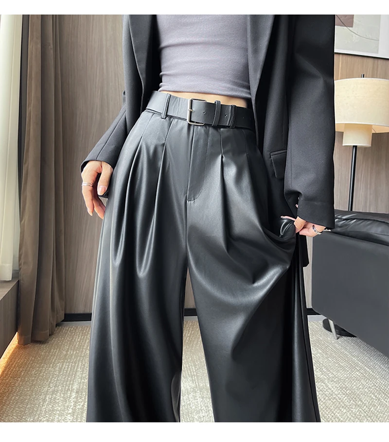 MEXZT Black Pu Leather Wide Leg Pants Women Streetwear Belt Baggy Red Suit Pants Winter Harajuku Korean Casual Straight Trousers