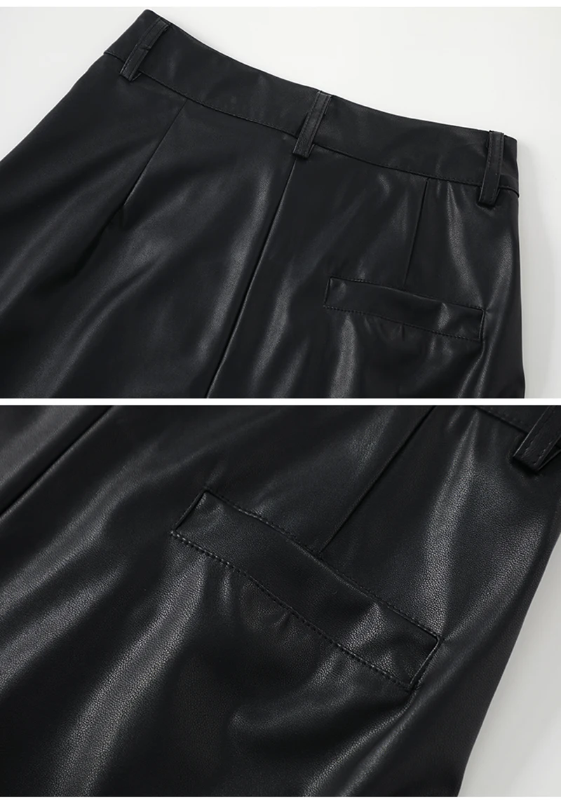 MEXZT Black Pu Leather Wide Leg Pants Women Streetwear Belt Baggy Red Suit Pants Winter Harajuku Korean Casual Straight Trousers