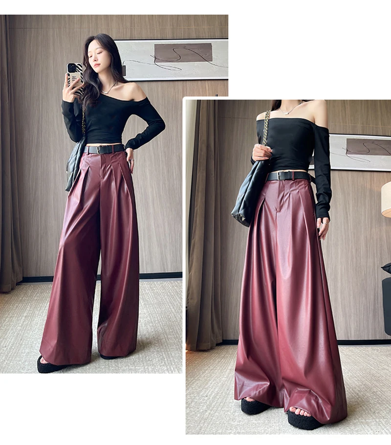 MEXZT Black Pu Leather Wide Leg Pants Women Streetwear Belt Baggy Red Suit Pants Winter Harajuku Korean Casual Straight Trousers