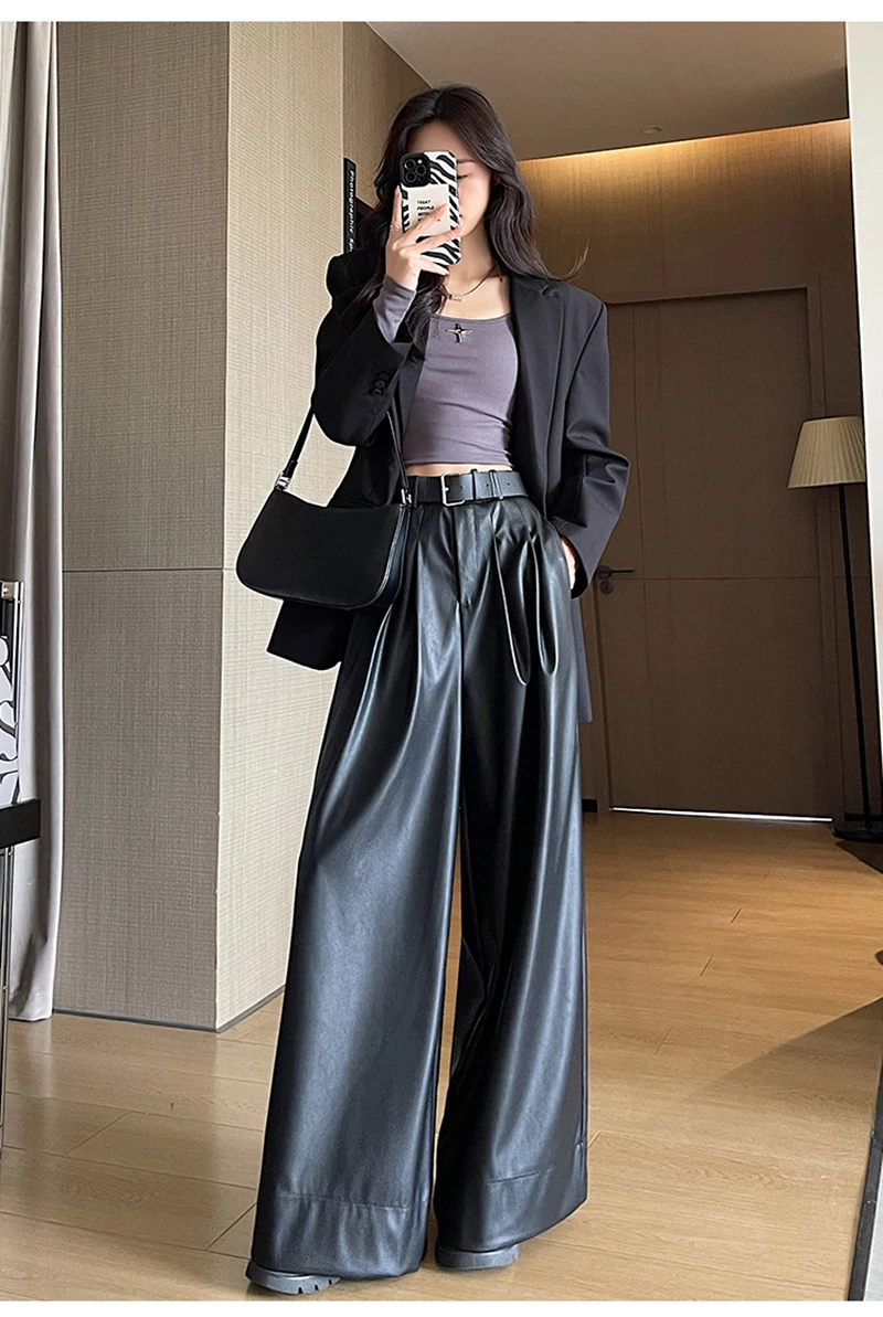 MEXZT Black Pu Leather Wide Leg Pants Women Streetwear Belt Baggy Red Suit Pants Winter Harajuku Korean Casual Straight Trousers
