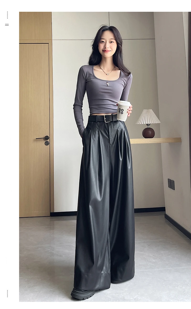 MEXZT Black Pu Leather Wide Leg Pants Women Streetwear Belt Baggy Red Suit Pants Winter Harajuku Korean Casual Straight Trousers