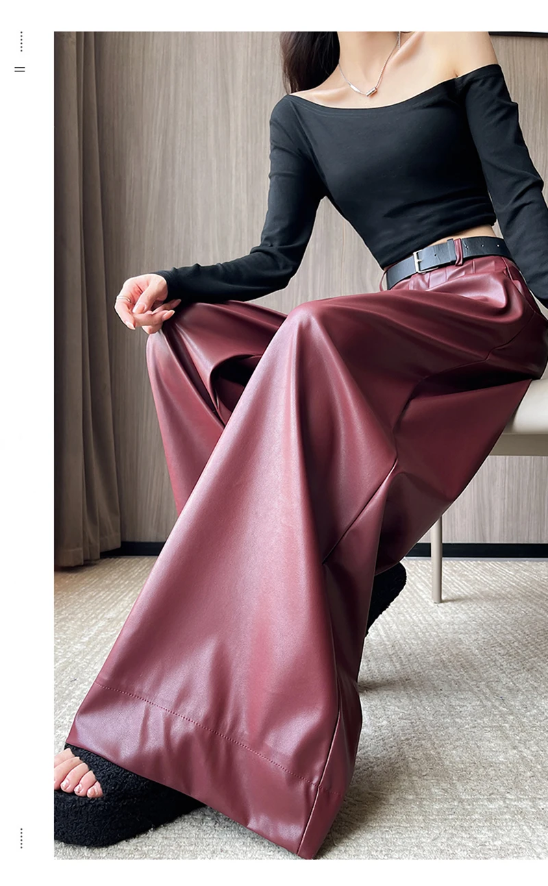 MEXZT Black Pu Leather Wide Leg Pants Women Streetwear Belt Baggy Red Suit Pants Winter Harajuku Korean Casual Straight Trousers