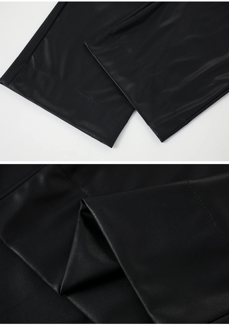 MEXZT Black Pu Leather Wide Leg Pants Women Streetwear Belt Baggy Red Suit Pants Winter Harajuku Korean Casual Straight Trousers