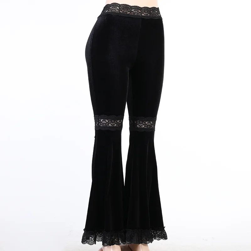 AltGoth Harajuku Punk Gothic Flare Pants Women Grunge Street Vintage Mall Goth Lace Patchwork Hollow Out Dark Black Velvet Pants