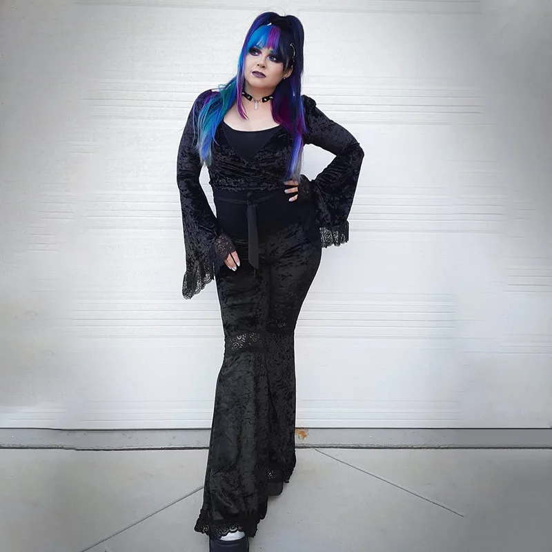 AltGoth Harajuku Punk Gothic Flare Pants Women Grunge Street Vintage Mall Goth Lace Patchwork Hollow Out Dark Black Velvet Pants