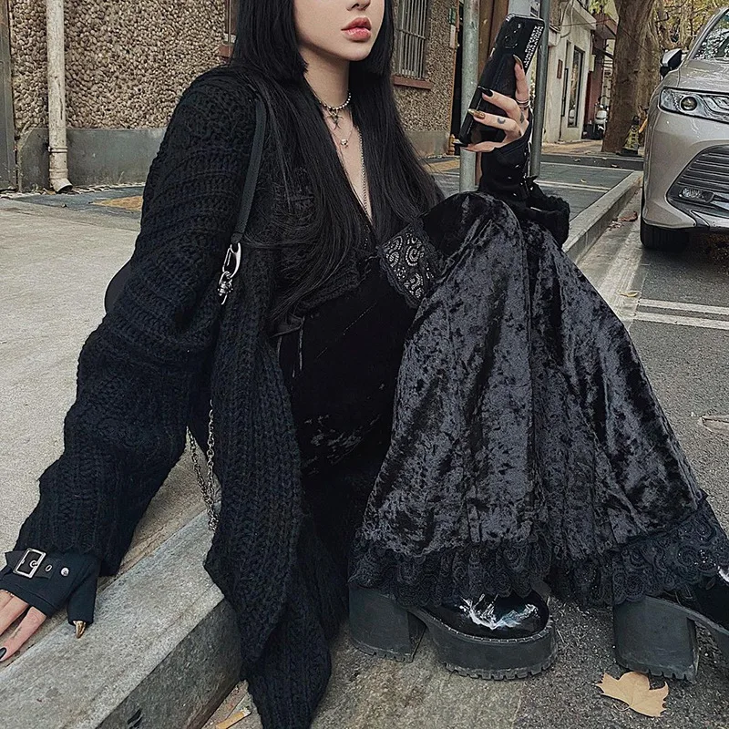 AltGoth Harajuku Punk Gothic Flare Pants Women Grunge Street Vintage Mall Goth Lace Patchwork Hollow Out Dark Black Velvet Pants