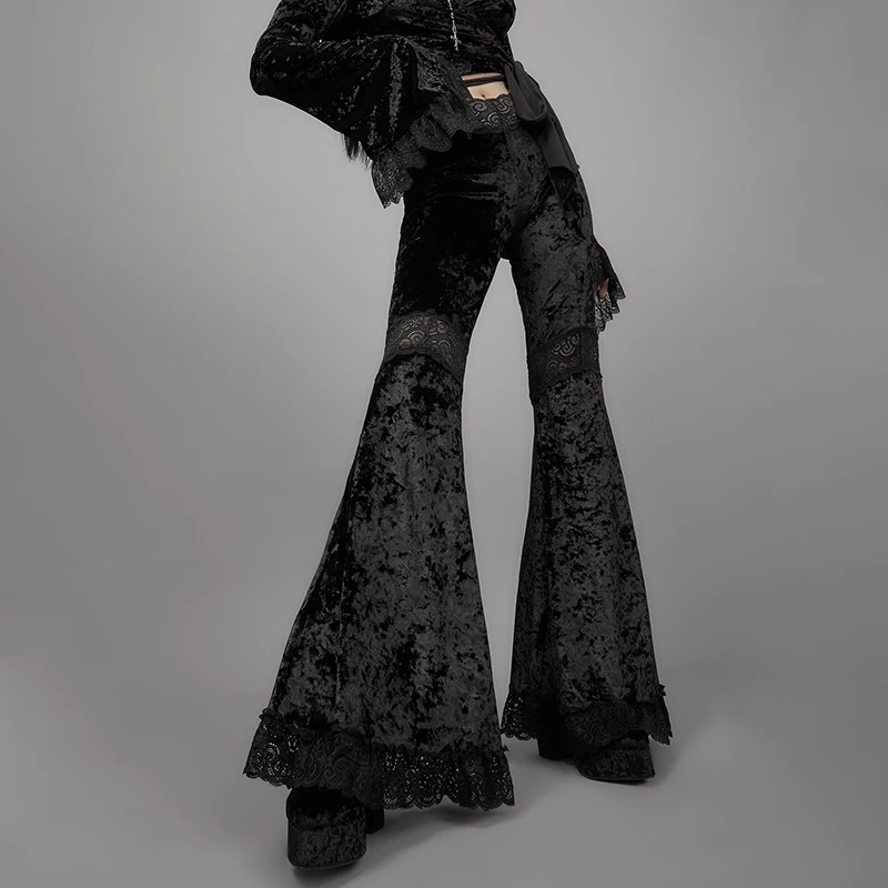 AltGoth Harajuku Punk Gothic Flare Pants Women Grunge Street Vintage Mall Goth Lace Patchwork Hollow Out Dark Black Velvet Pants