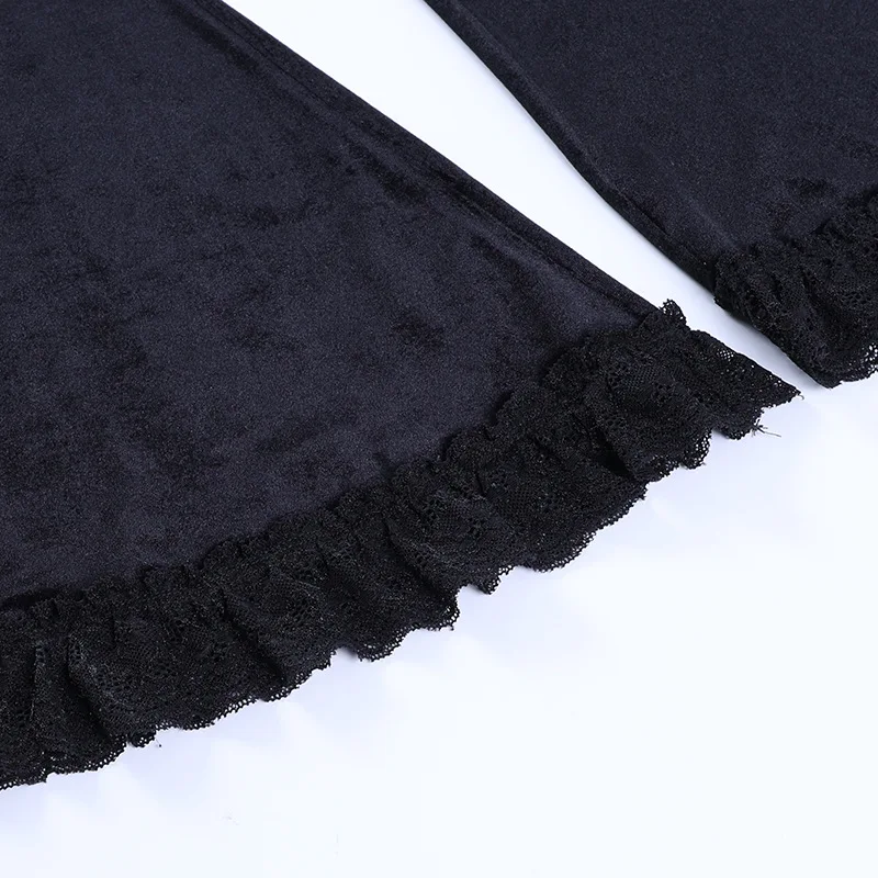 AltGoth Harajuku Punk Gothic Flare Pants Women Grunge Street Vintage Mall Goth Lace Patchwork Hollow Out Dark Black Velvet Pants