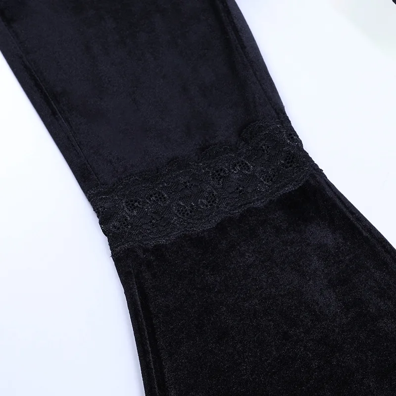 AltGoth Harajuku Punk Gothic Flare Pants Women Grunge Street Vintage Mall Goth Lace Patchwork Hollow Out Dark Black Velvet Pants