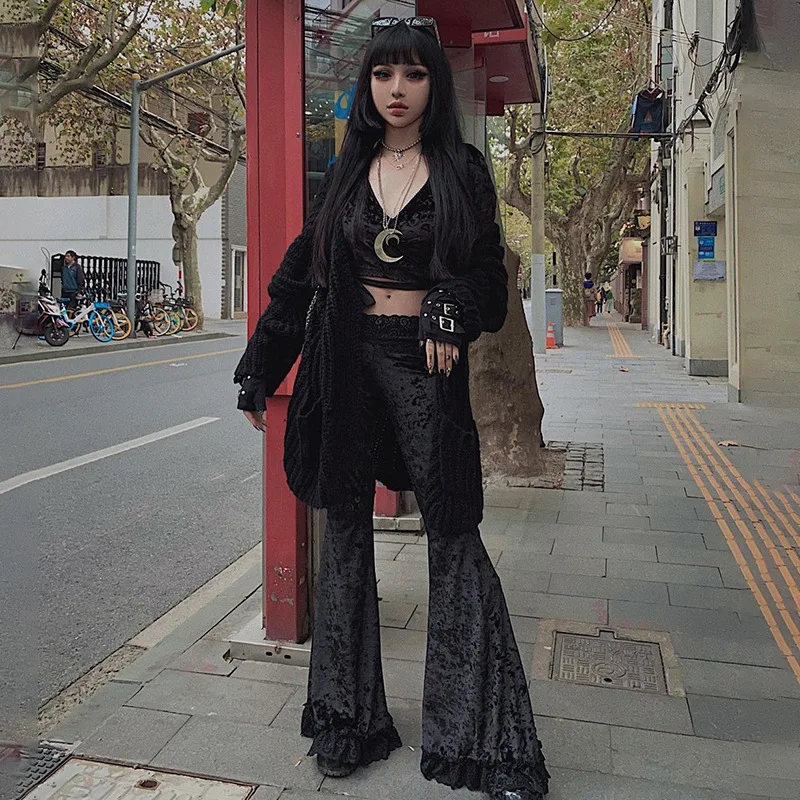 AltGoth Harajuku Punk Gothic Flare Pants Women Grunge Street Vintage Mall Goth Lace Patchwork Hollow Out Dark Black Velvet Pants