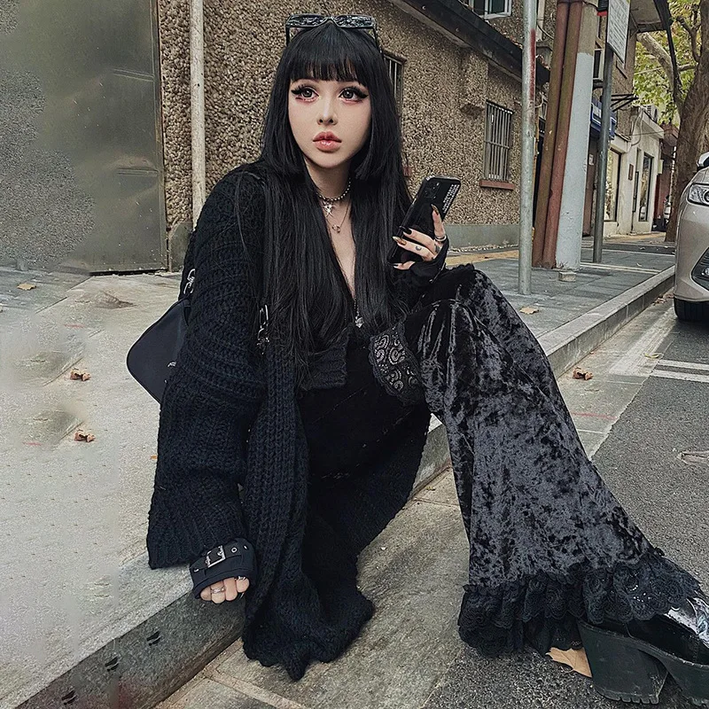 AltGoth Harajuku Punk Gothic Flare Pants Women Grunge Street Vintage Mall Goth Lace Patchwork Hollow Out Dark Black Velvet Pants