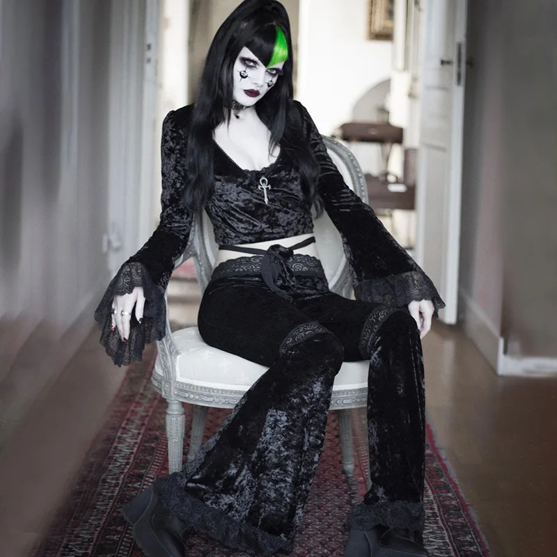 AltGoth Harajuku Punk Gothic Flare Pants Women Grunge Street Vintage Mall Goth Lace Patchwork Hollow Out Dark Black Velvet Pants