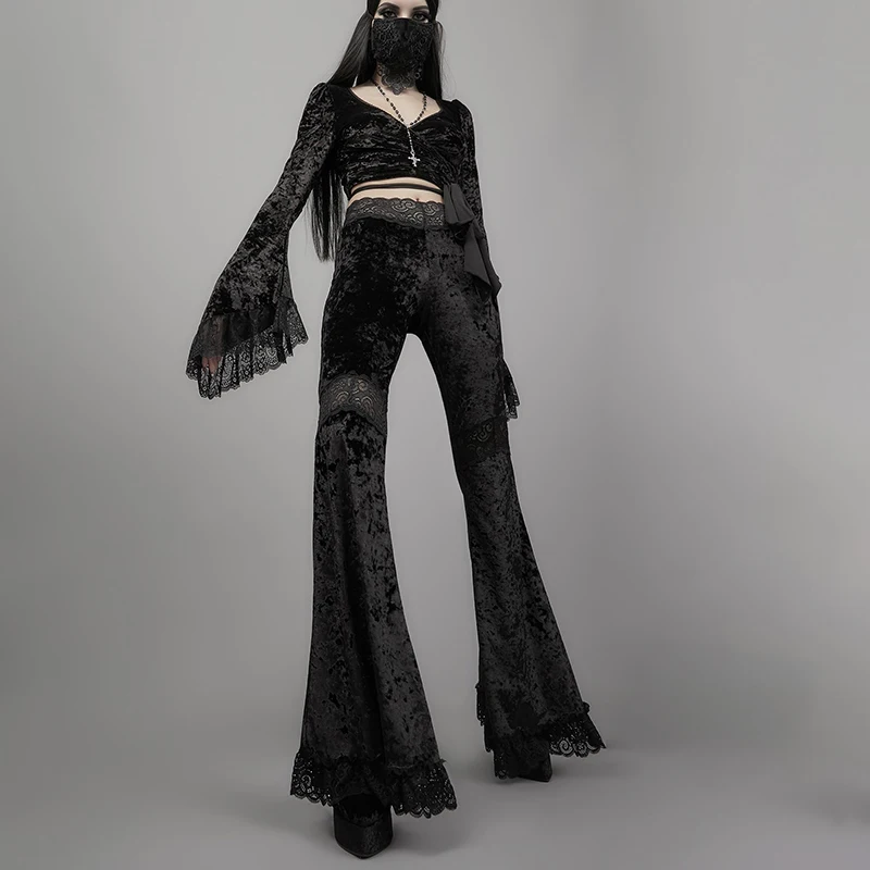AltGoth Harajuku Punk Gothic Flare Pants Women Grunge Street Vintage Mall Goth Lace Patchwork Hollow Out Dark Black Velvet Pants