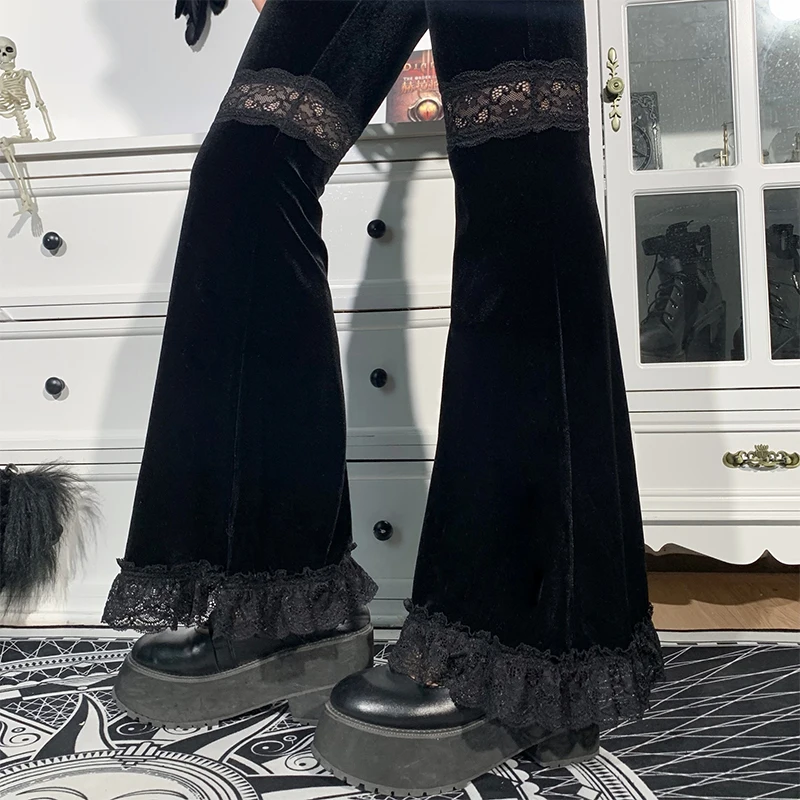 AltGoth Harajuku Punk Gothic Flare Pants Women Grunge Street Vintage Mall Goth Lace Patchwork Hollow Out Dark Black Velvet Pants