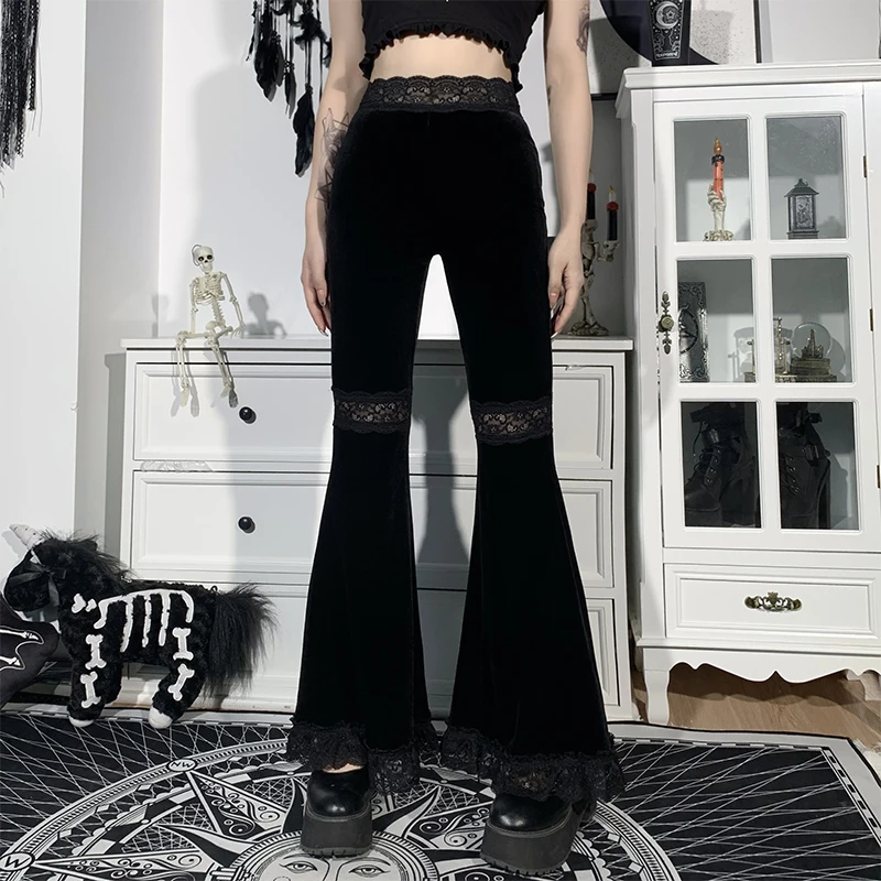 AltGoth Harajuku Punk Gothic Flare Pants Women Grunge Street Vintage Mall Goth Lace Patchwork Hollow Out Dark Black Velvet Pants