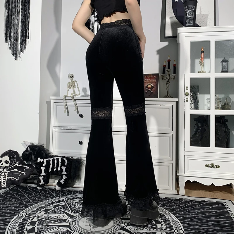 AltGoth Harajuku Punk Gothic Flare Pants Women Grunge Street Vintage Mall Goth Lace Patchwork Hollow Out Dark Black Velvet Pants