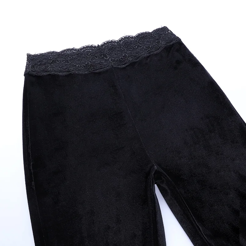 AltGoth Harajuku Punk Gothic Flare Pants Women Grunge Street Vintage Mall Goth Lace Patchwork Hollow Out Dark Black Velvet Pants