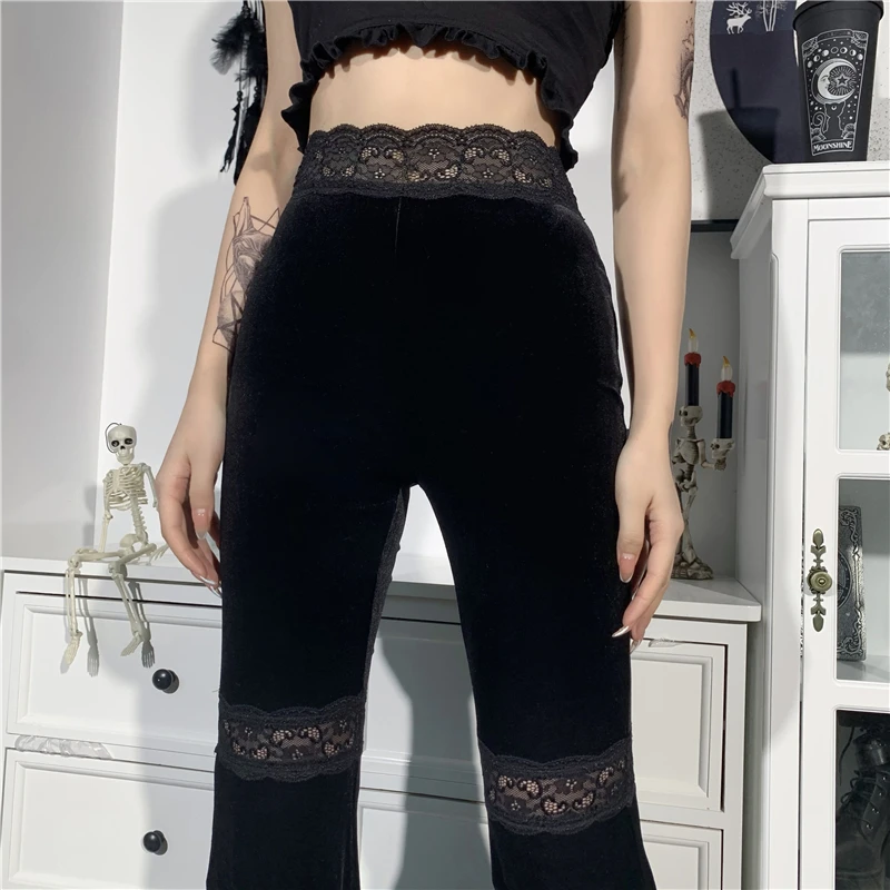 AltGoth Harajuku Punk Gothic Flare Pants Women Grunge Street Vintage Mall Goth Lace Patchwork Hollow Out Dark Black Velvet Pants