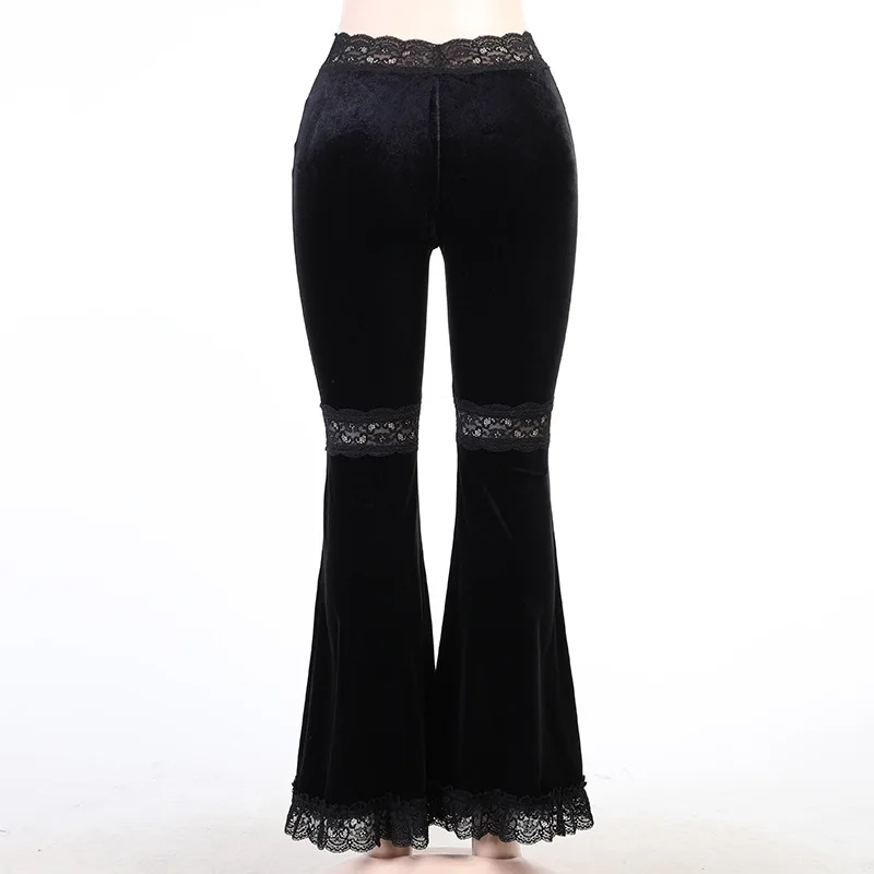 AltGoth Harajuku Punk Gothic Flare Pants Women Grunge Street Vintage Mall Goth Lace Patchwork Hollow Out Dark Black Velvet Pants