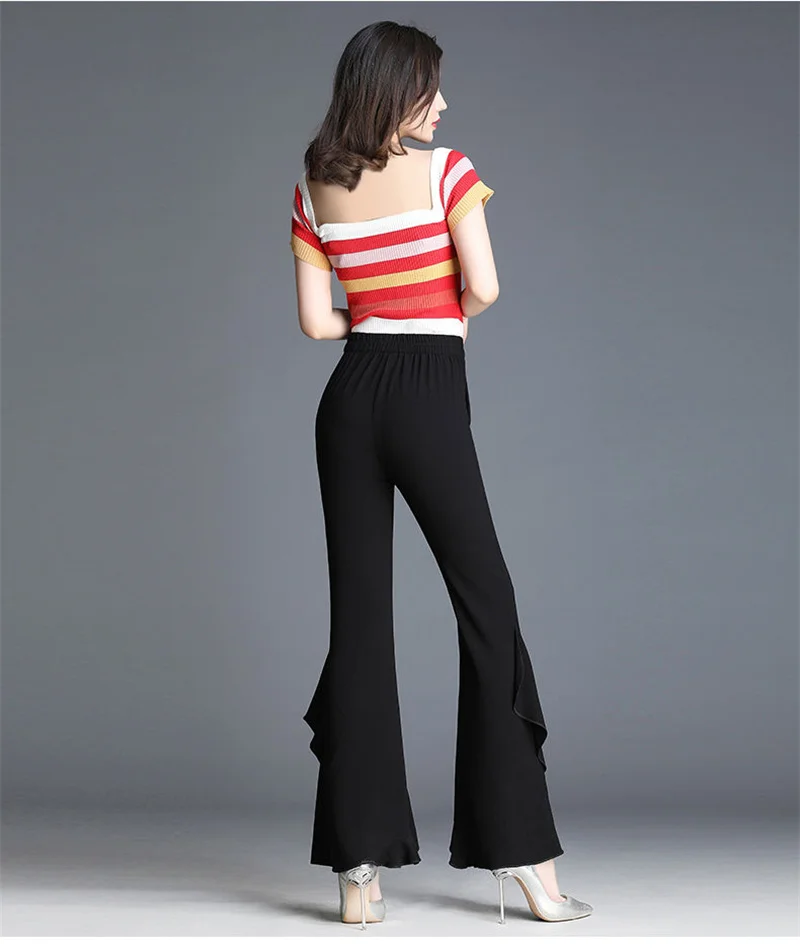 Summer High-Waisted Chiffon Trumpet Trousers Casual Elastic Waist Boot Cut  Pants Cool And Comfortable Female Flare Pants WA176