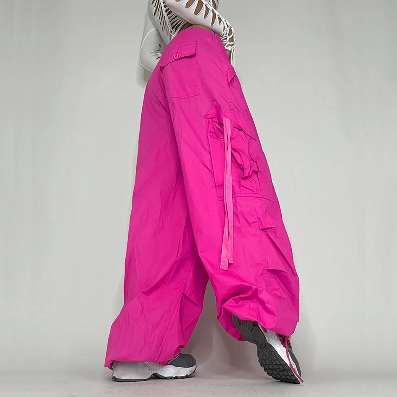 Streetwear Parachute Hot Pink Cargo Pants Hip Hop Techwear High Waist Jogger Pants Women Baggy Casual Korean Punk Trousers