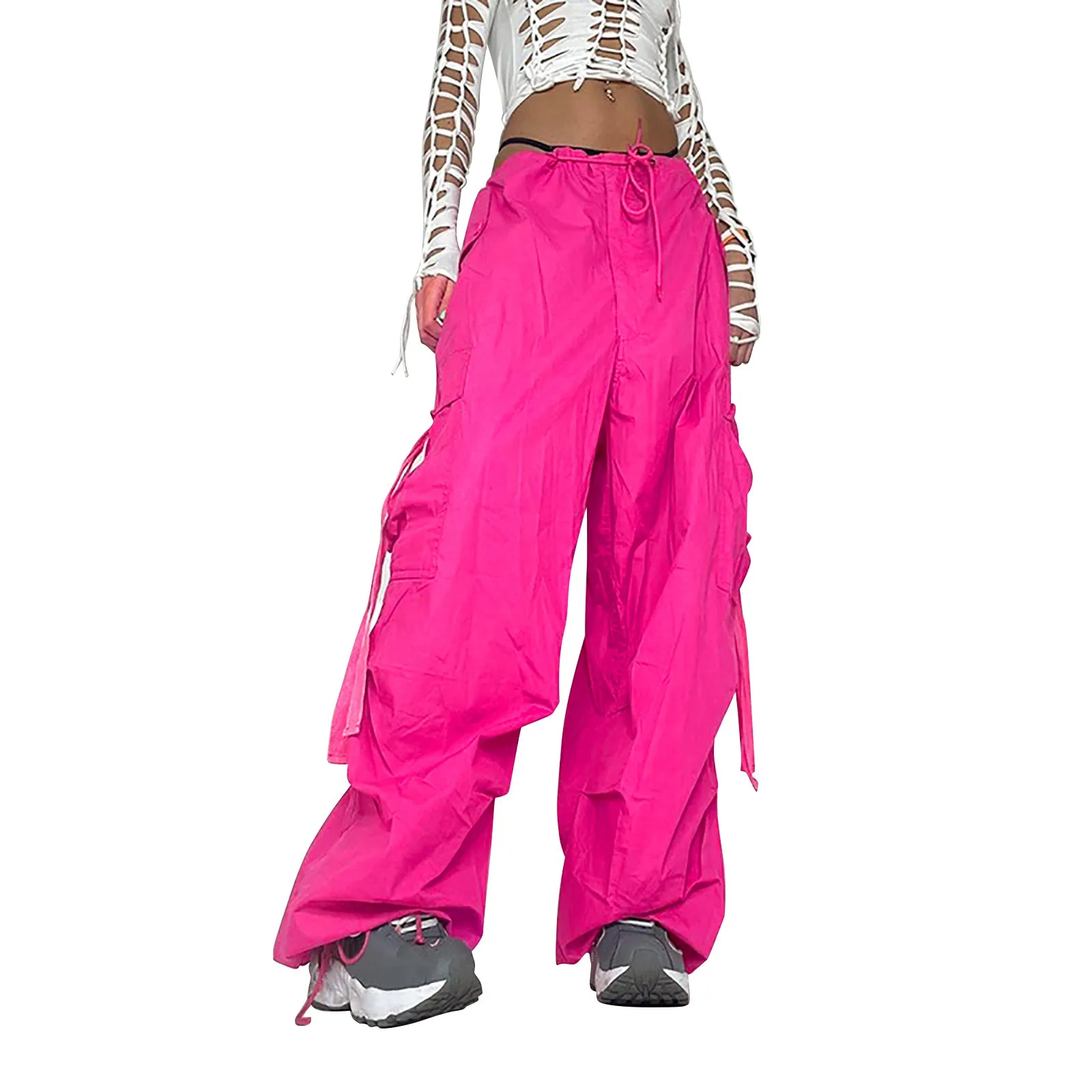 Streetwear Parachute Hot Pink Cargo Pants Hip Hop Techwear High Waist Jogger Pants Women Baggy Casual Korean Punk Trousers