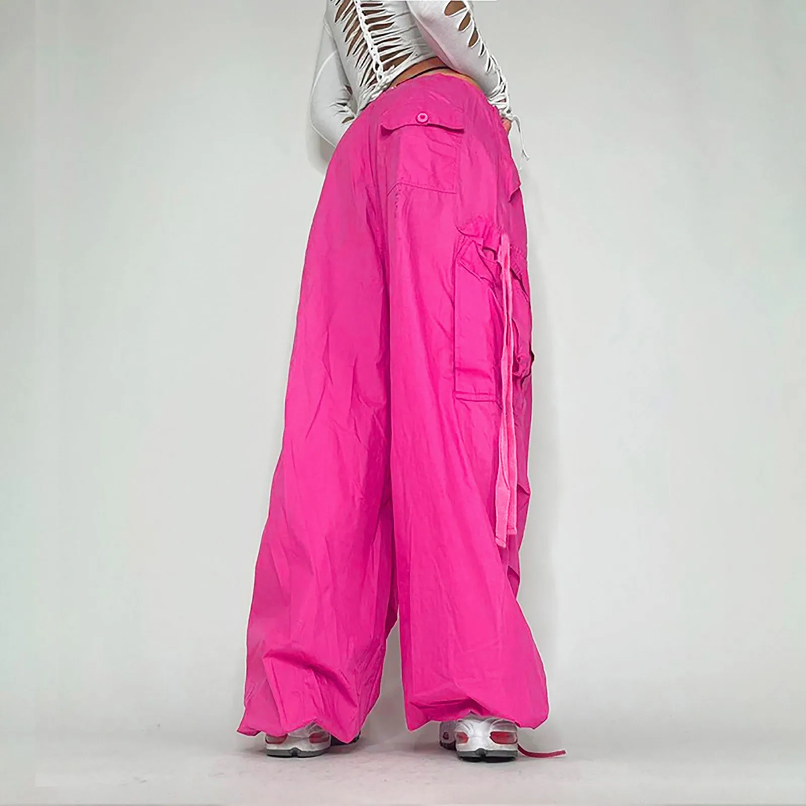 Streetwear Parachute Hot Pink Cargo Pants Hip Hop Techwear High Waist Jogger Pants Women Baggy Casual Korean Punk Trousers