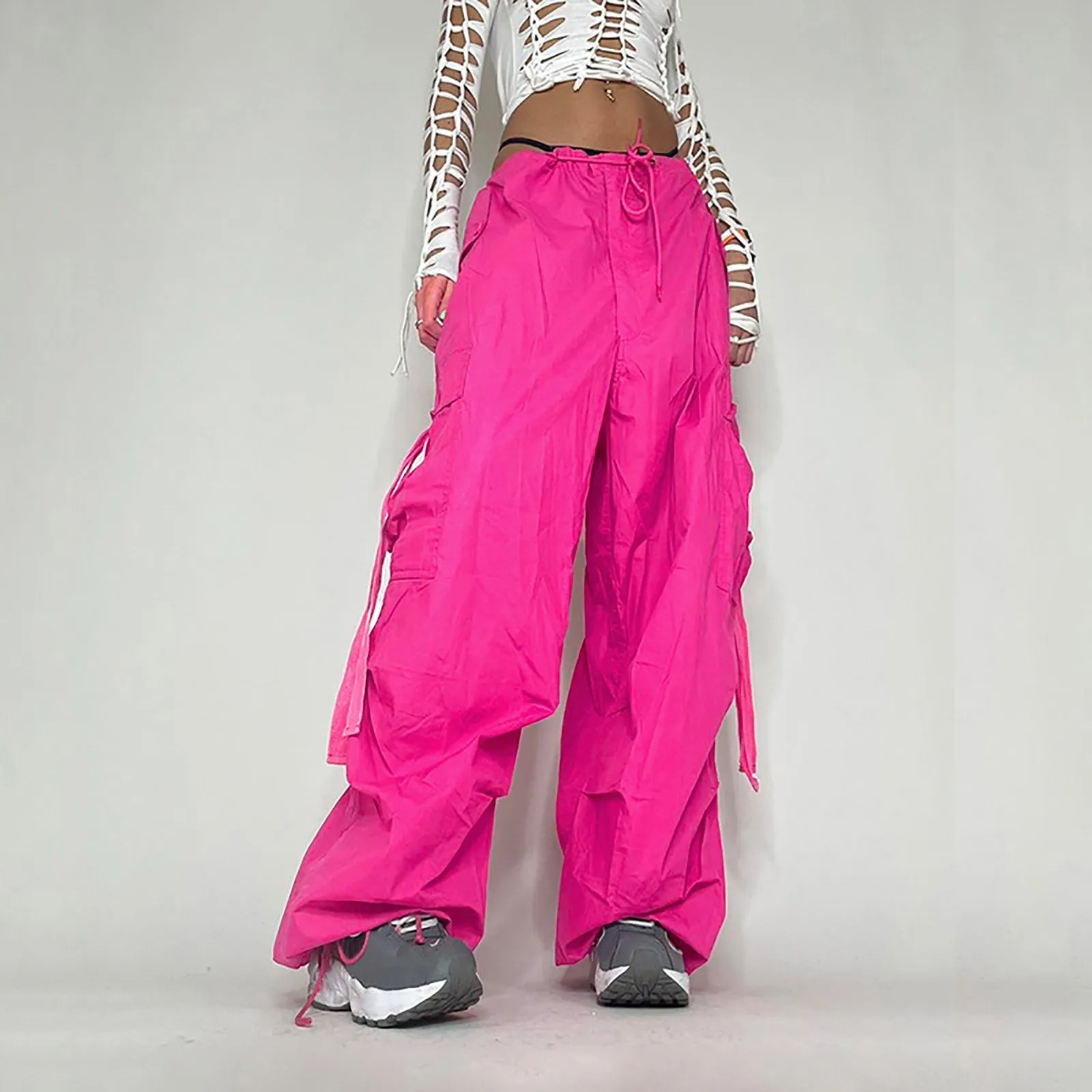 Streetwear Parachute Hot Pink Cargo Pants Hip Hop Techwear High Waist Jogger Pants Women Baggy Casual Korean Punk Trousers