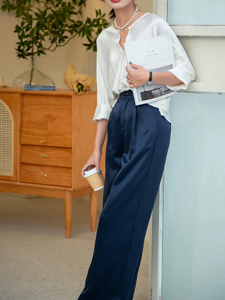 Summer Autumn Women's Pants Loose Classic Black Straight High Waist Casual Korean Silk Satin Wide Leg Trousers for Women Pants