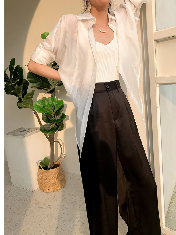 Summer Autumn Women's Pants Loose Classic Black Straight High Waist Casual Korean Silk Satin Wide Leg Trousers for Women Pants