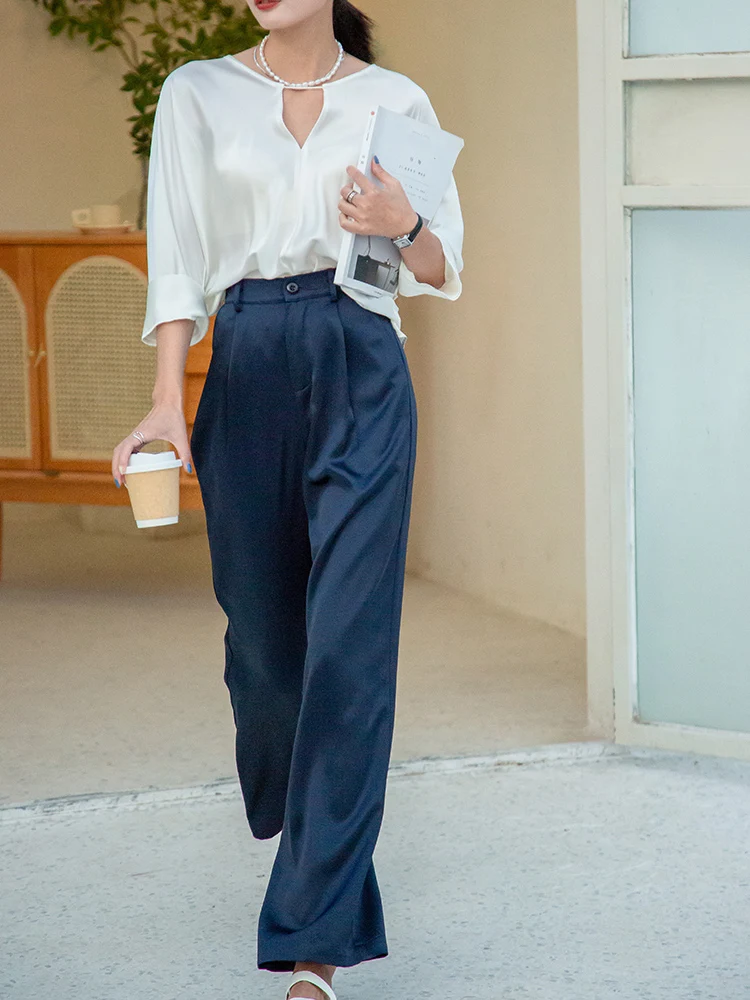 Summer Autumn Women's Pants Loose Classic Black Straight High Waist Casual Korean Silk Satin Wide Leg Trousers for Women Pants