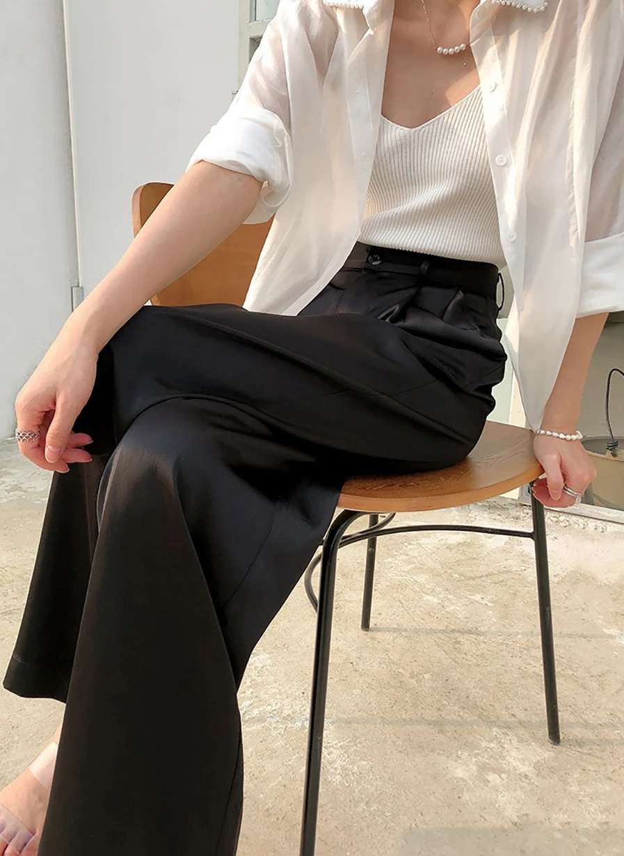 Summer Autumn Women's Pants Loose Classic Black Straight High Waist Casual Korean Silk Satin Wide Leg Trousers for Women Pants