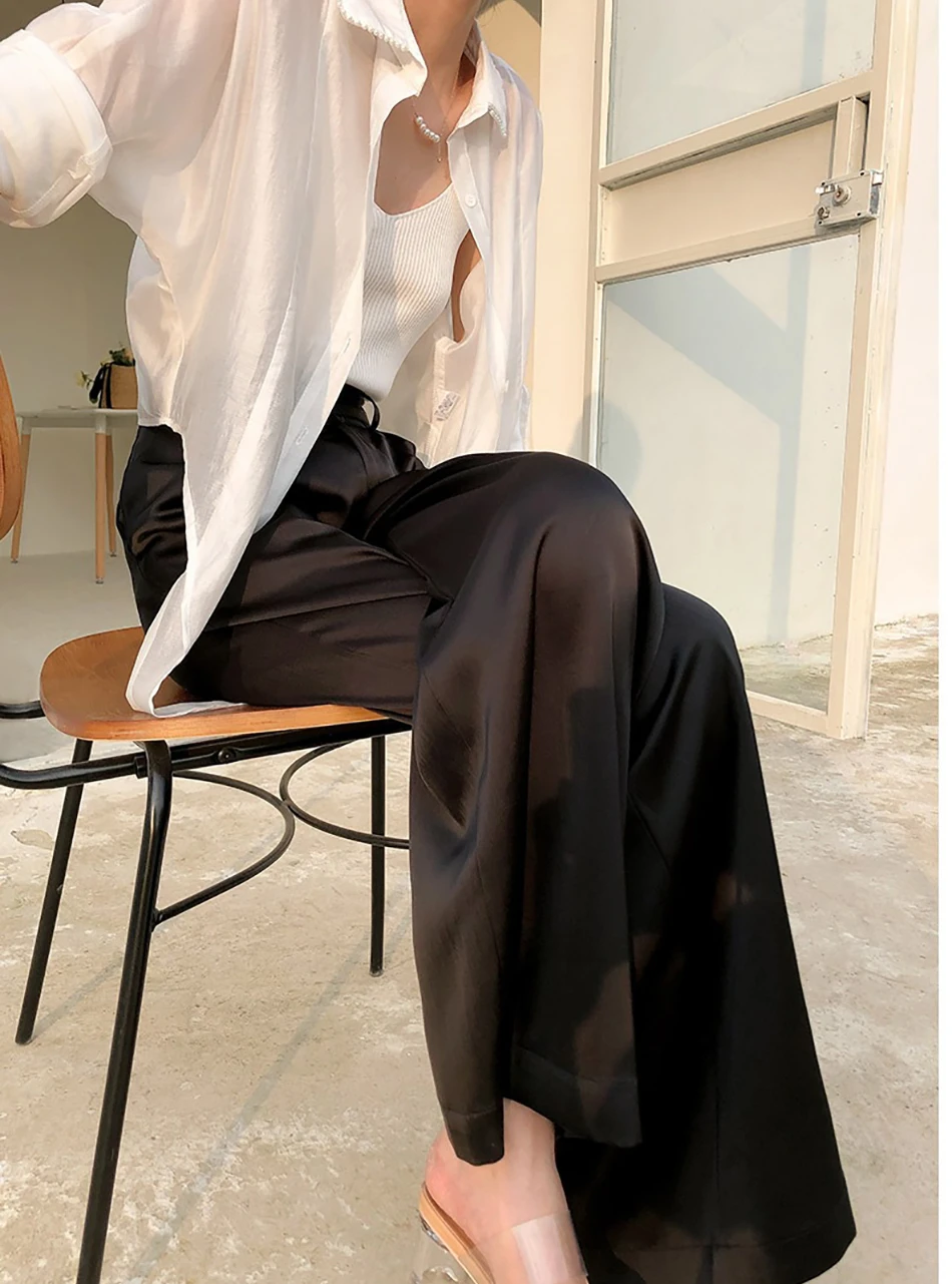 Summer Autumn Women's Pants Loose Classic Black Straight High Waist Casual Korean Silk Satin Wide Leg Trousers for Women Pants